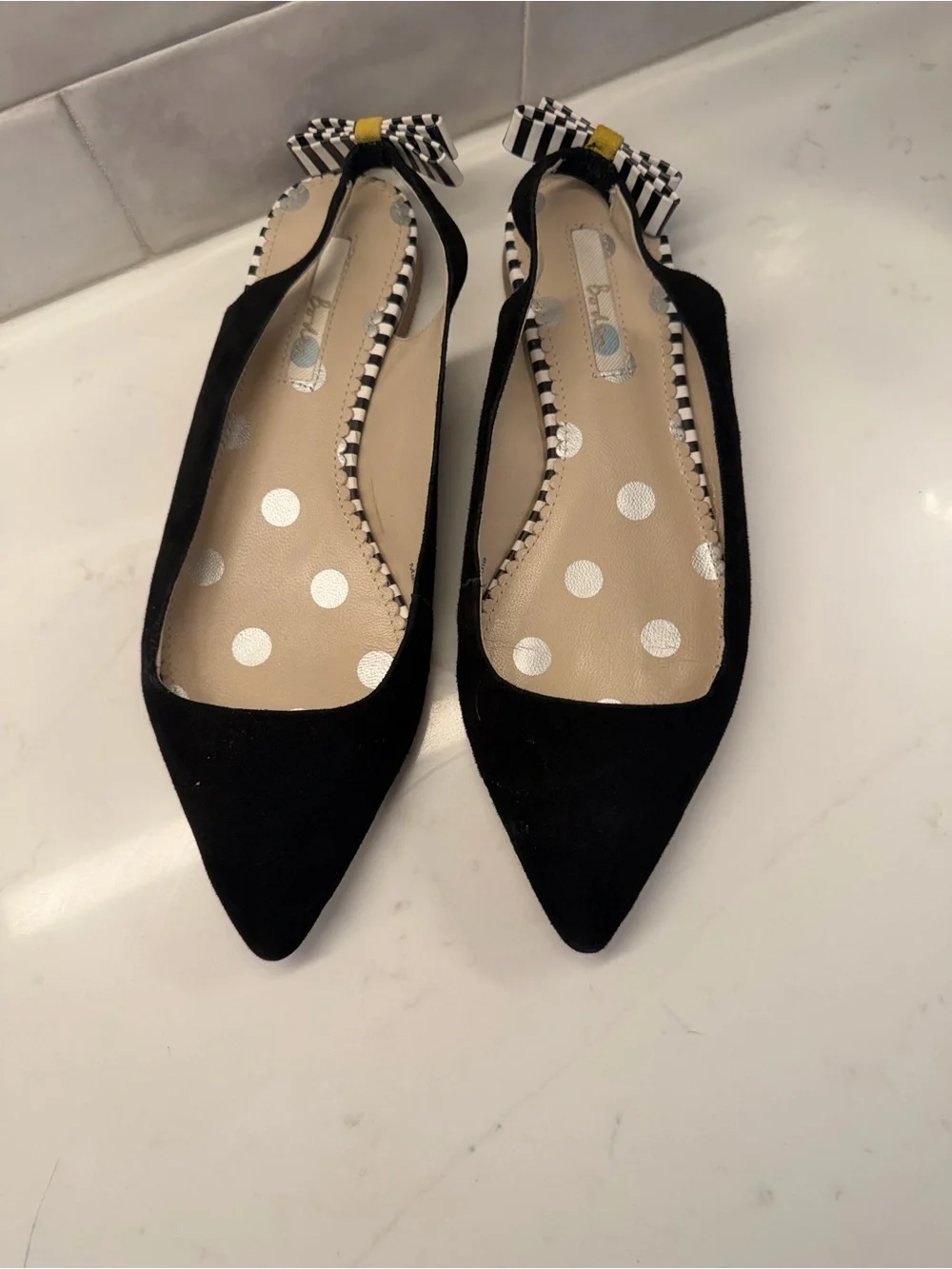 Boden Cut Out Slingback Flats Black Suede Pointed Toe Bow Shoes Women’s Size 8